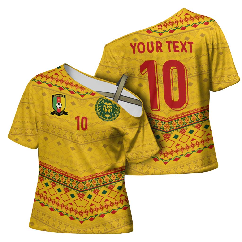 Custom Cameroon Football Cross Shoulder Shirt Tribal Motifs Yellow Color - Wonder Print Shop