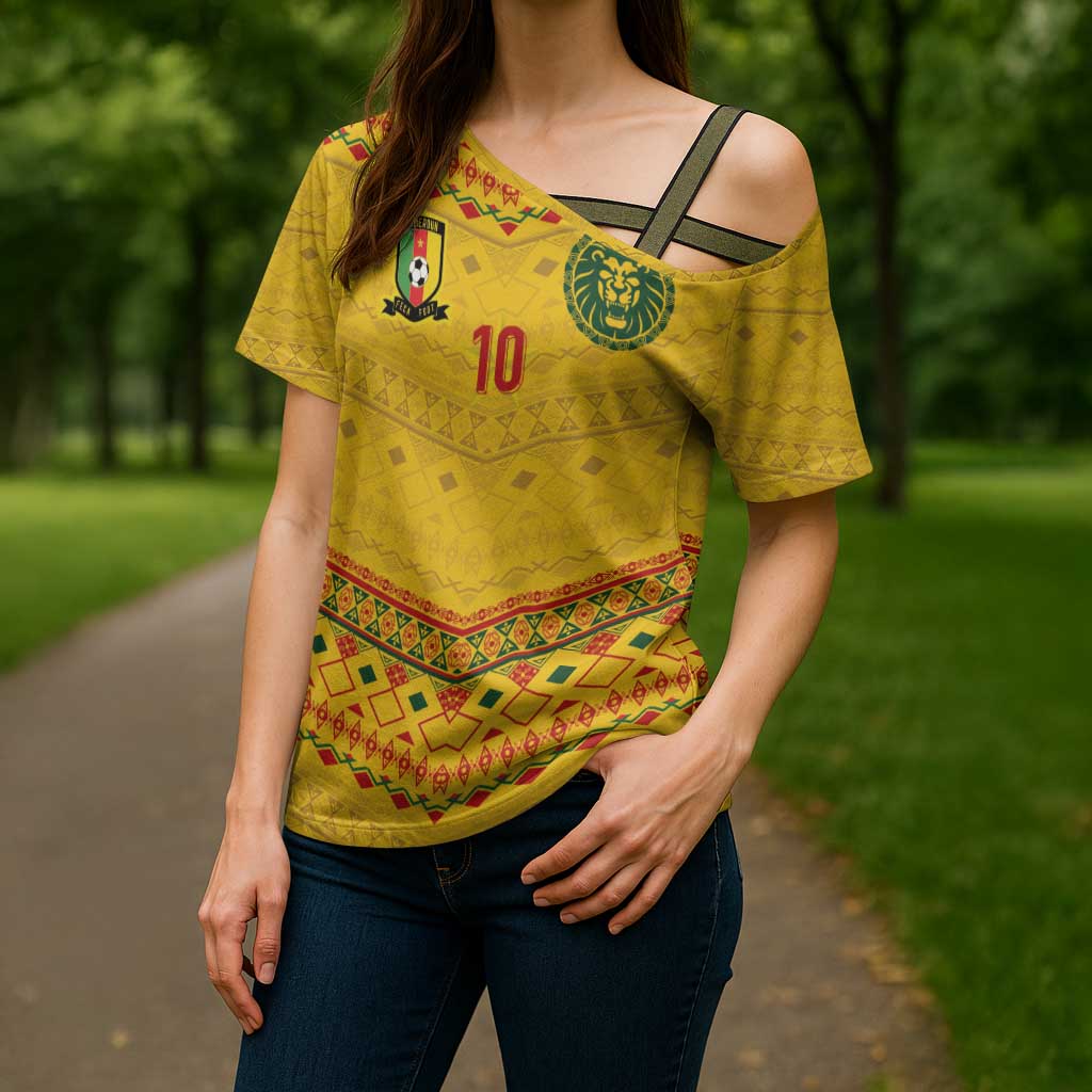 Custom Cameroon Football Cross Shoulder Shirt Tribal Motifs Yellow Color - Wonder Print Shop