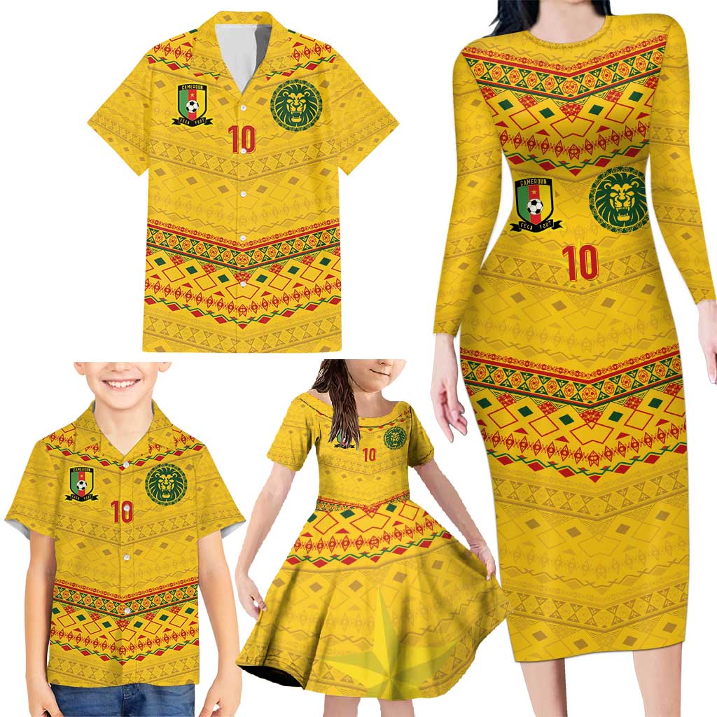 Custom Cameroon Football Family Matching Long Sleeve Bodycon Dress and Hawaiian Shirt Tribal Motifs Yellow Color - Wonder Print Shop