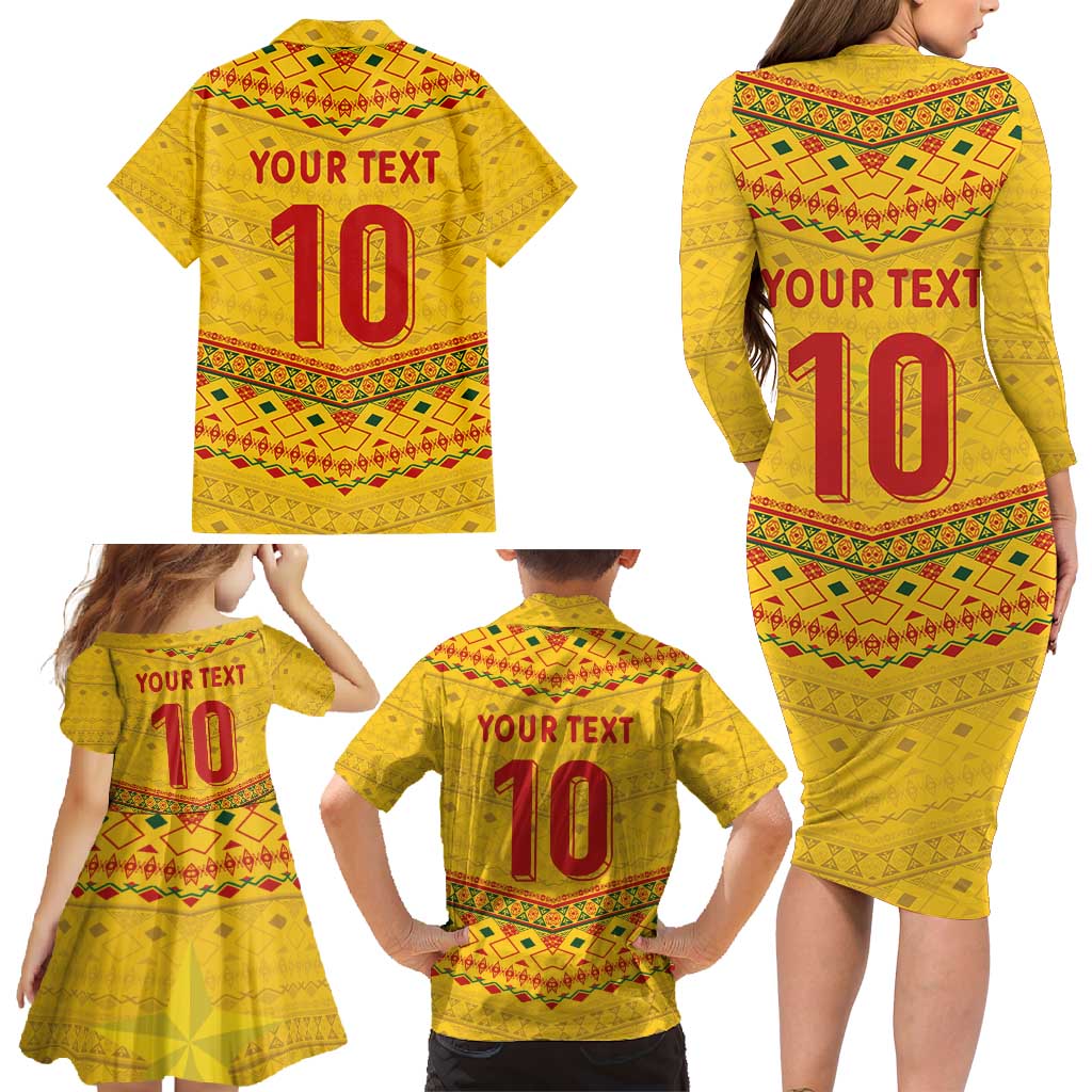 Custom Cameroon Football Family Matching Long Sleeve Bodycon Dress and Hawaiian Shirt Tribal Motifs Yellow Color - Wonder Print Shop