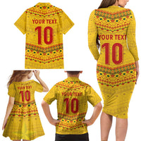 Custom Cameroon Football Family Matching Long Sleeve Bodycon Dress and Hawaiian Shirt Tribal Motifs Yellow Color - Wonder Print Shop