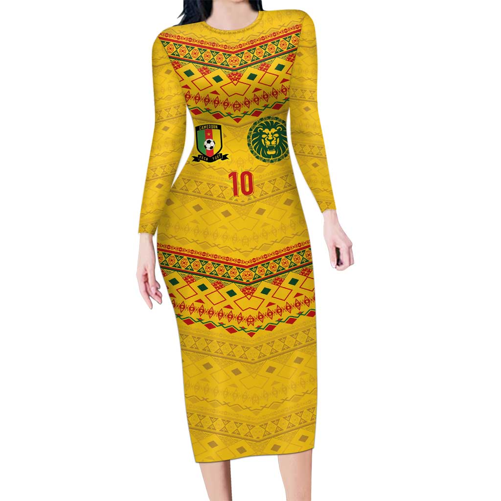 Custom Cameroon Football Family Matching Long Sleeve Bodycon Dress and Hawaiian Shirt Tribal Motifs Yellow Color - Wonder Print Shop