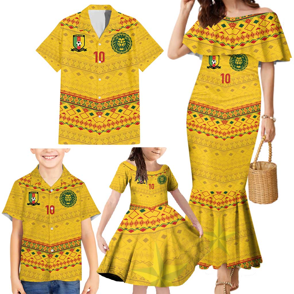 Custom Cameroon Football Family Matching Mermaid Dress and Hawaiian Shirt Tribal Motifs Yellow Color - Wonder Print Shop