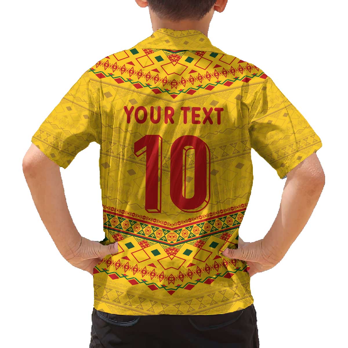 Custom Cameroon Football Family Matching Off The Shoulder Long Sleeve Dress and Hawaiian Shirt Tribal Motifs Yellow Color - Wonder Print Shop