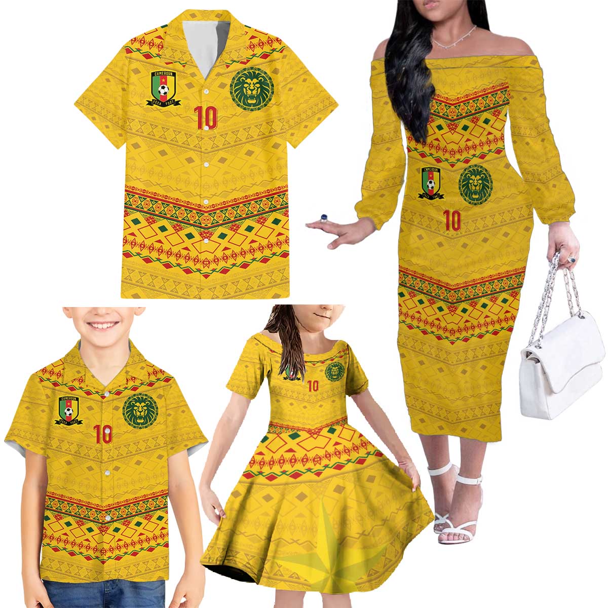 Custom Cameroon Football Family Matching Off The Shoulder Long Sleeve Dress and Hawaiian Shirt Tribal Motifs Yellow Color - Wonder Print Shop