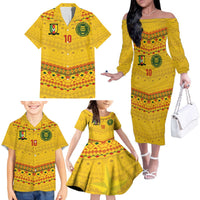 Custom Cameroon Football Family Matching Off The Shoulder Long Sleeve Dress and Hawaiian Shirt Tribal Motifs Yellow Color - Wonder Print Shop