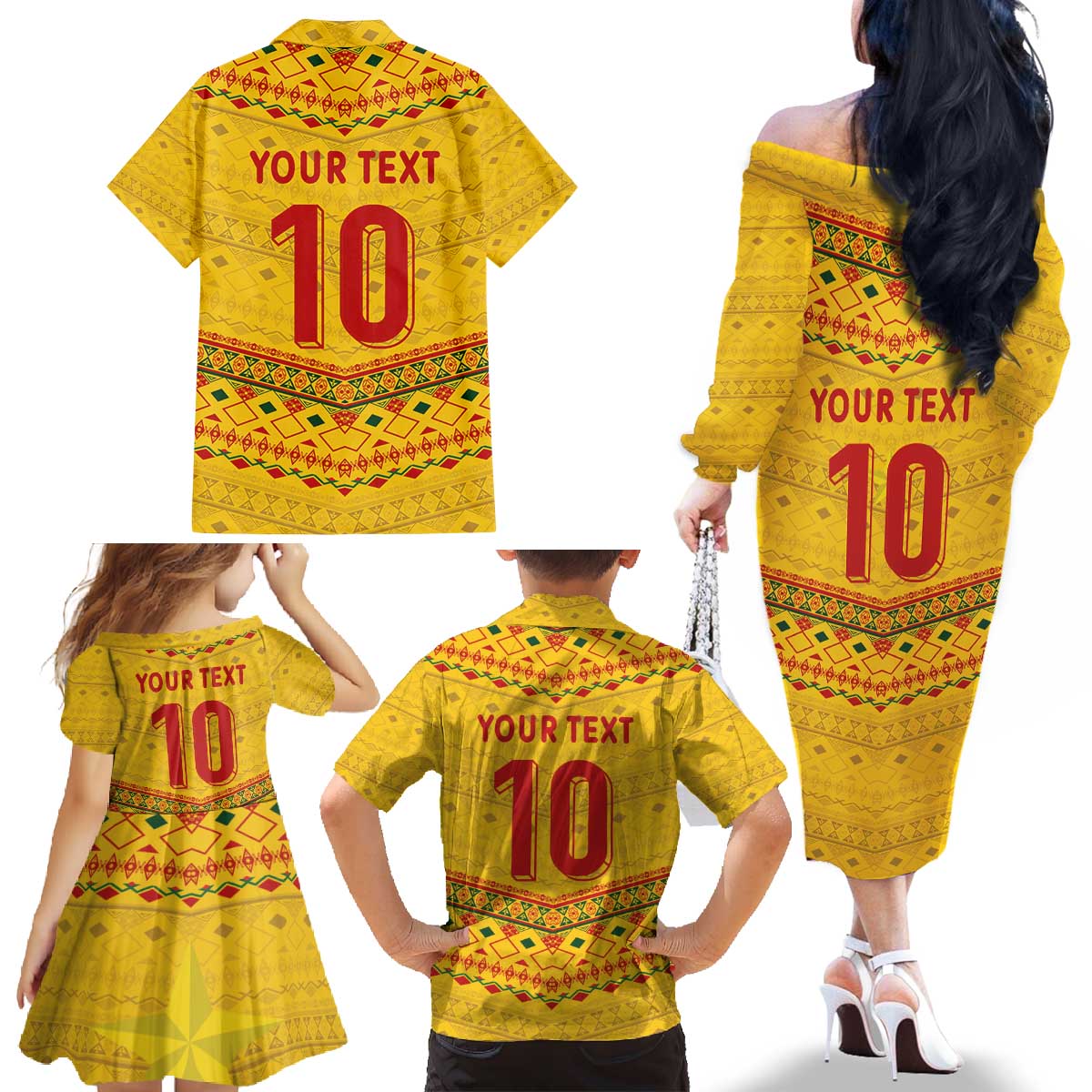 Custom Cameroon Football Family Matching Off The Shoulder Long Sleeve Dress and Hawaiian Shirt Tribal Motifs Yellow Color - Wonder Print Shop