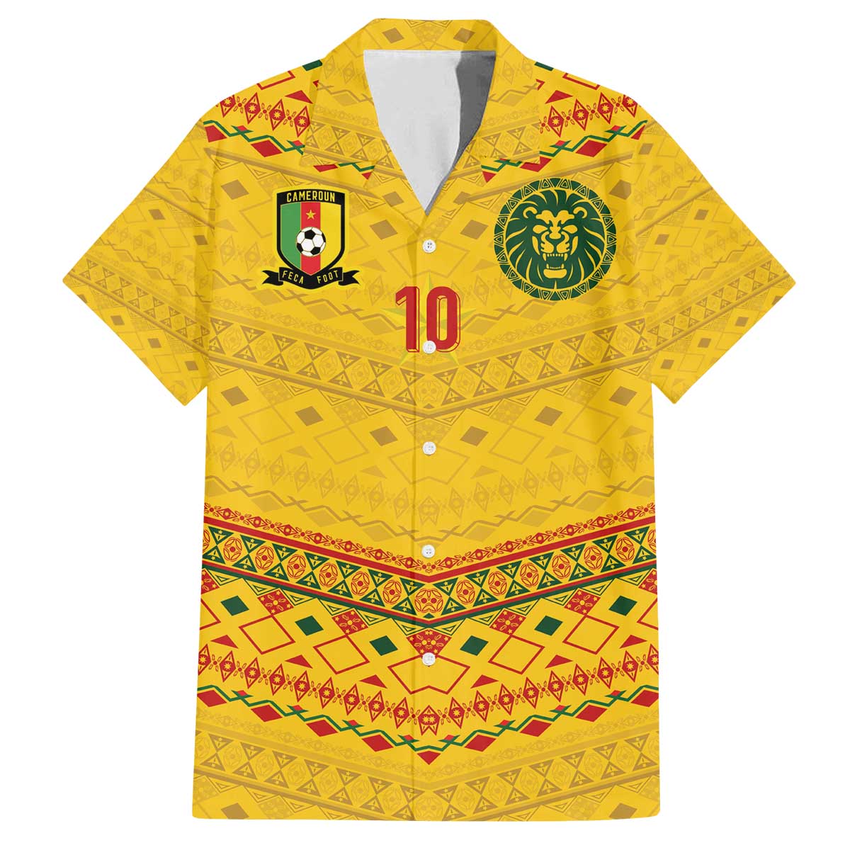 Custom Cameroon Football Family Matching Off The Shoulder Long Sleeve Dress and Hawaiian Shirt Tribal Motifs Yellow Color - Wonder Print Shop