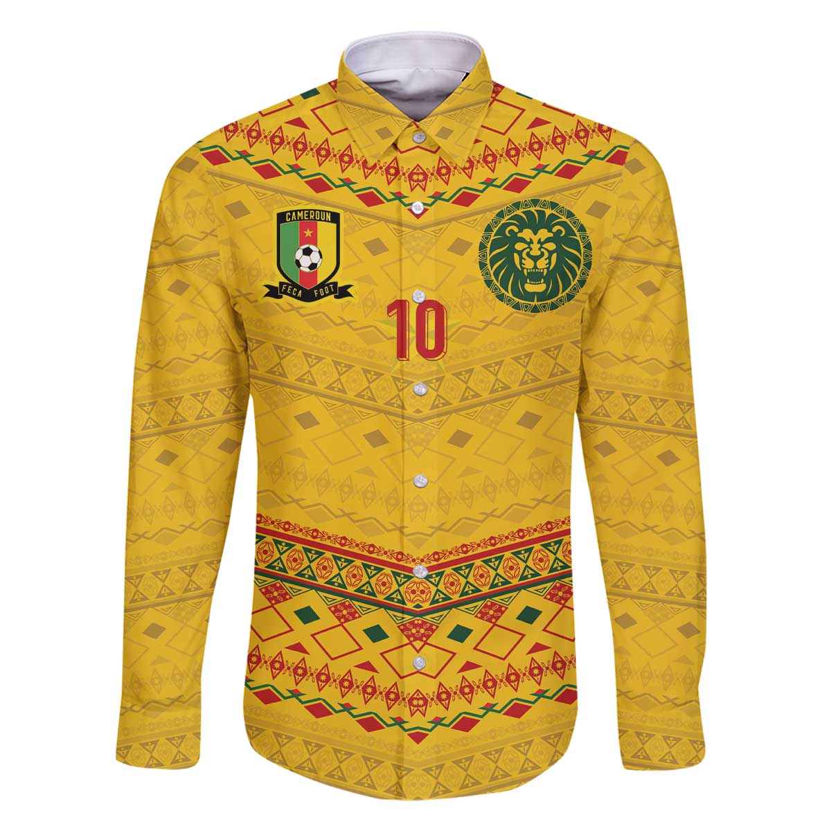 Custom Cameroon Football Family Matching Off The Shoulder Long Sleeve Dress and Hawaiian Shirt Tribal Motifs Yellow Color - Wonder Print Shop