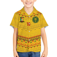 Custom Cameroon Football Family Matching Off The Shoulder Long Sleeve Dress and Hawaiian Shirt Tribal Motifs Yellow Color - Wonder Print Shop