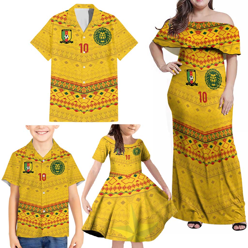 Custom Cameroon Football Family Matching Off Shoulder Maxi Dress and Hawaiian Shirt Tribal Motifs Yellow Color - Wonder Print Shop