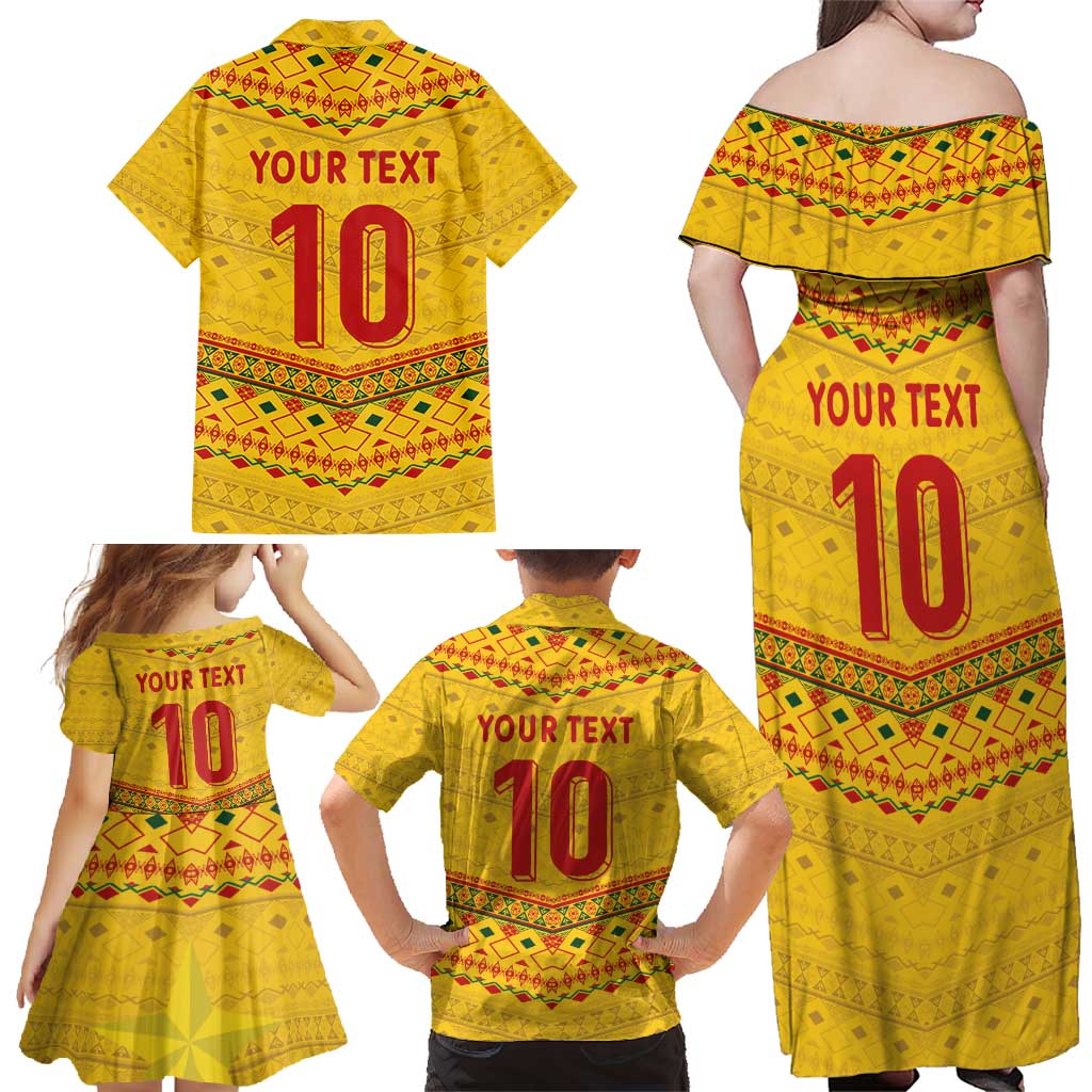 Custom Cameroon Football Family Matching Off Shoulder Maxi Dress and Hawaiian Shirt Tribal Motifs Yellow Color - Wonder Print Shop