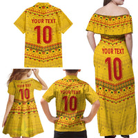 Custom Cameroon Football Family Matching Off Shoulder Maxi Dress and Hawaiian Shirt Tribal Motifs Yellow Color - Wonder Print Shop
