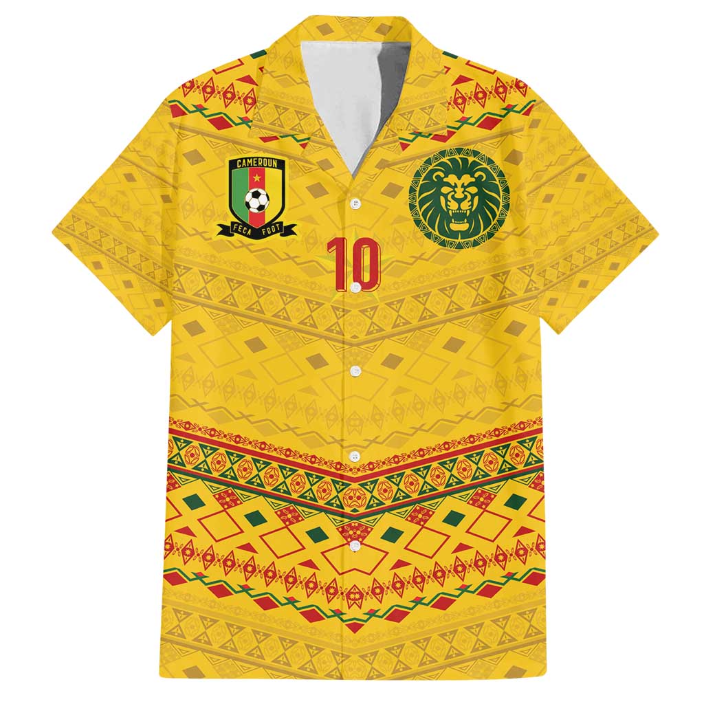 Custom Cameroon Football Family Matching Off Shoulder Maxi Dress and Hawaiian Shirt Tribal Motifs Yellow Color - Wonder Print Shop