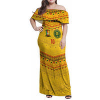 Custom Cameroon Football Family Matching Off Shoulder Maxi Dress and Hawaiian Shirt Tribal Motifs Yellow Color - Wonder Print Shop