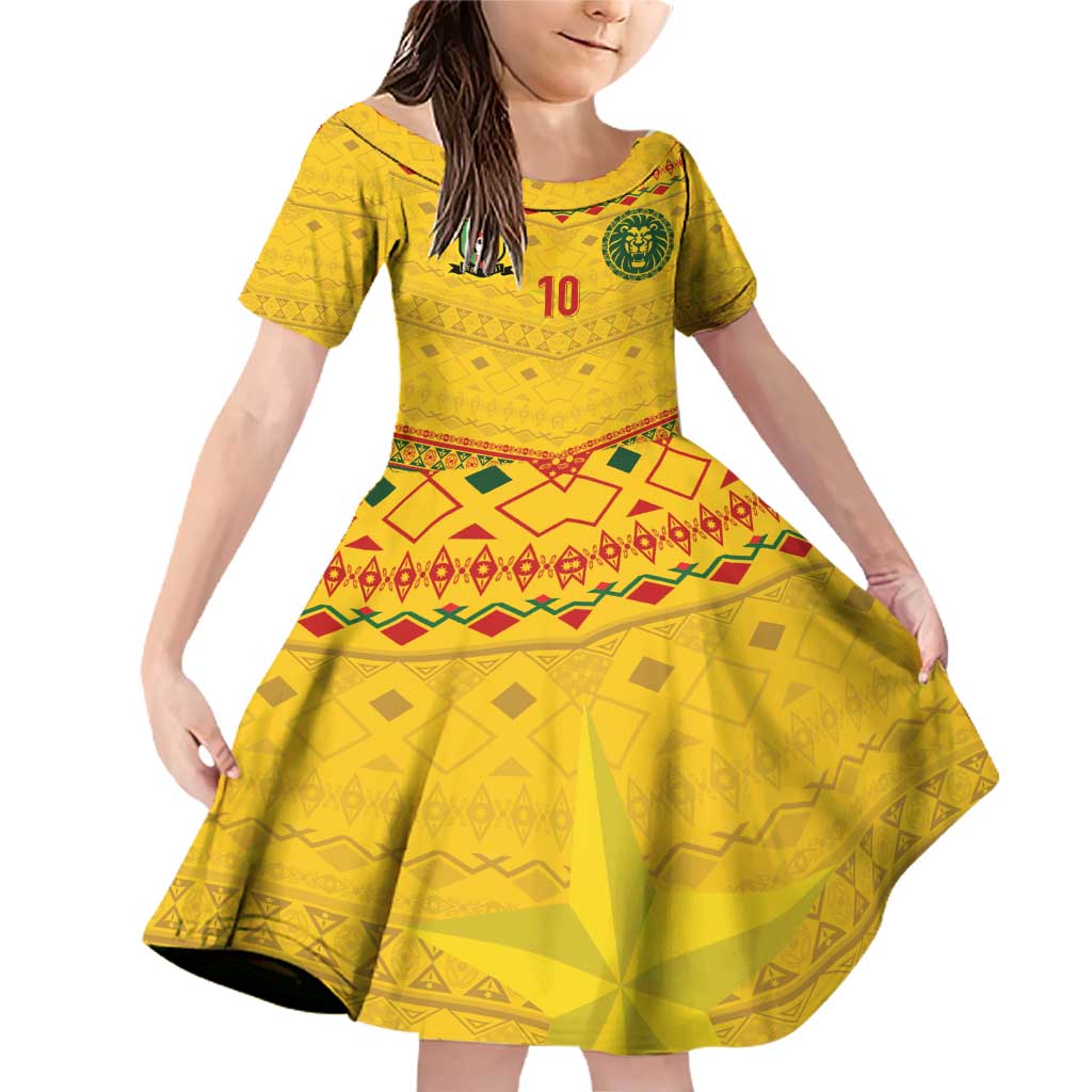 Custom Cameroon Football Family Matching Off Shoulder Short Dress and Hawaiian Shirt Tribal Motifs Yellow Color - Wonder Print Shop