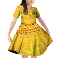 Custom Cameroon Football Family Matching Off Shoulder Short Dress and Hawaiian Shirt Tribal Motifs Yellow Color - Wonder Print Shop