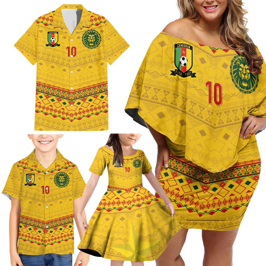 Custom Cameroon Football Family Matching Off Shoulder Short Dress and Hawaiian Shirt Tribal Motifs Yellow Color - Wonder Print Shop