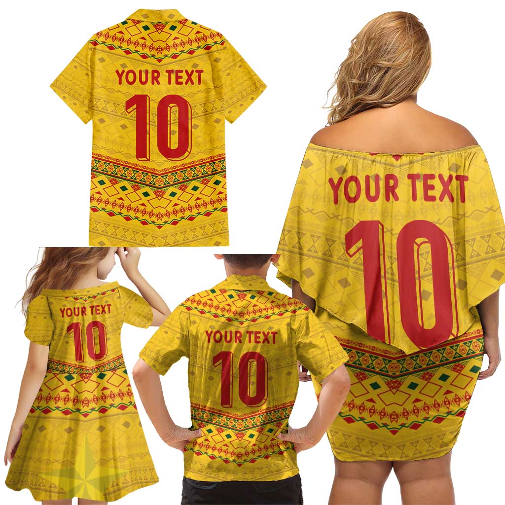 Custom Cameroon Football Family Matching Off Shoulder Short Dress and Hawaiian Shirt Tribal Motifs Yellow Color - Wonder Print Shop