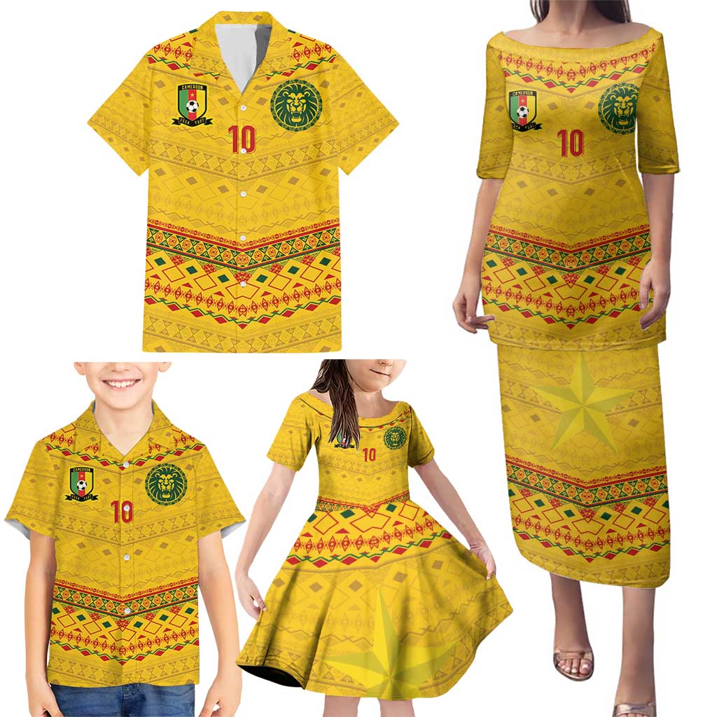 Custom Cameroon Football Family Matching Puletasi and Hawaiian Shirt Tribal Motifs Yellow Color - Wonder Print Shop