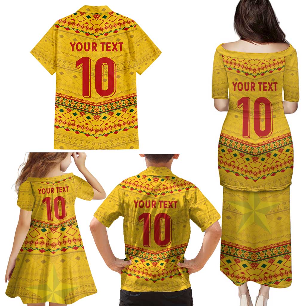 Custom Cameroon Football Family Matching Puletasi and Hawaiian Shirt Tribal Motifs Yellow Color - Wonder Print Shop
