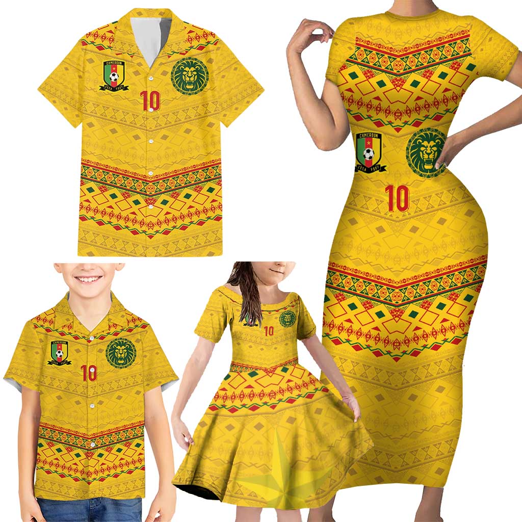 Custom Cameroon Football Family Matching Short Sleeve Bodycon Dress and Hawaiian Shirt Tribal Motifs Yellow Color - Wonder Print Shop