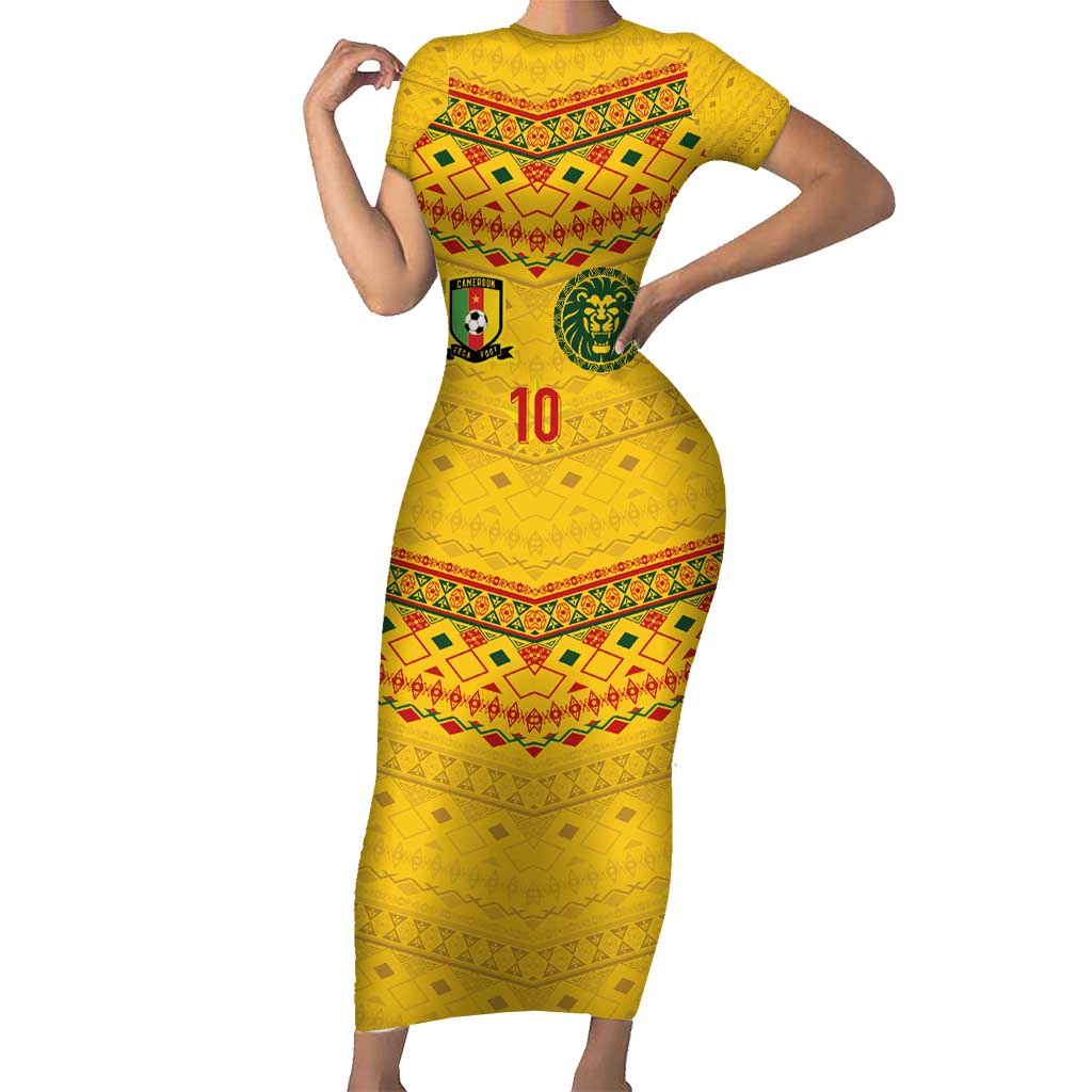 Custom Cameroon Football Family Matching Short Sleeve Bodycon Dress and Hawaiian Shirt Tribal Motifs Yellow Color - Wonder Print Shop