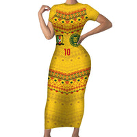Custom Cameroon Football Family Matching Short Sleeve Bodycon Dress and Hawaiian Shirt Tribal Motifs Yellow Color - Wonder Print Shop