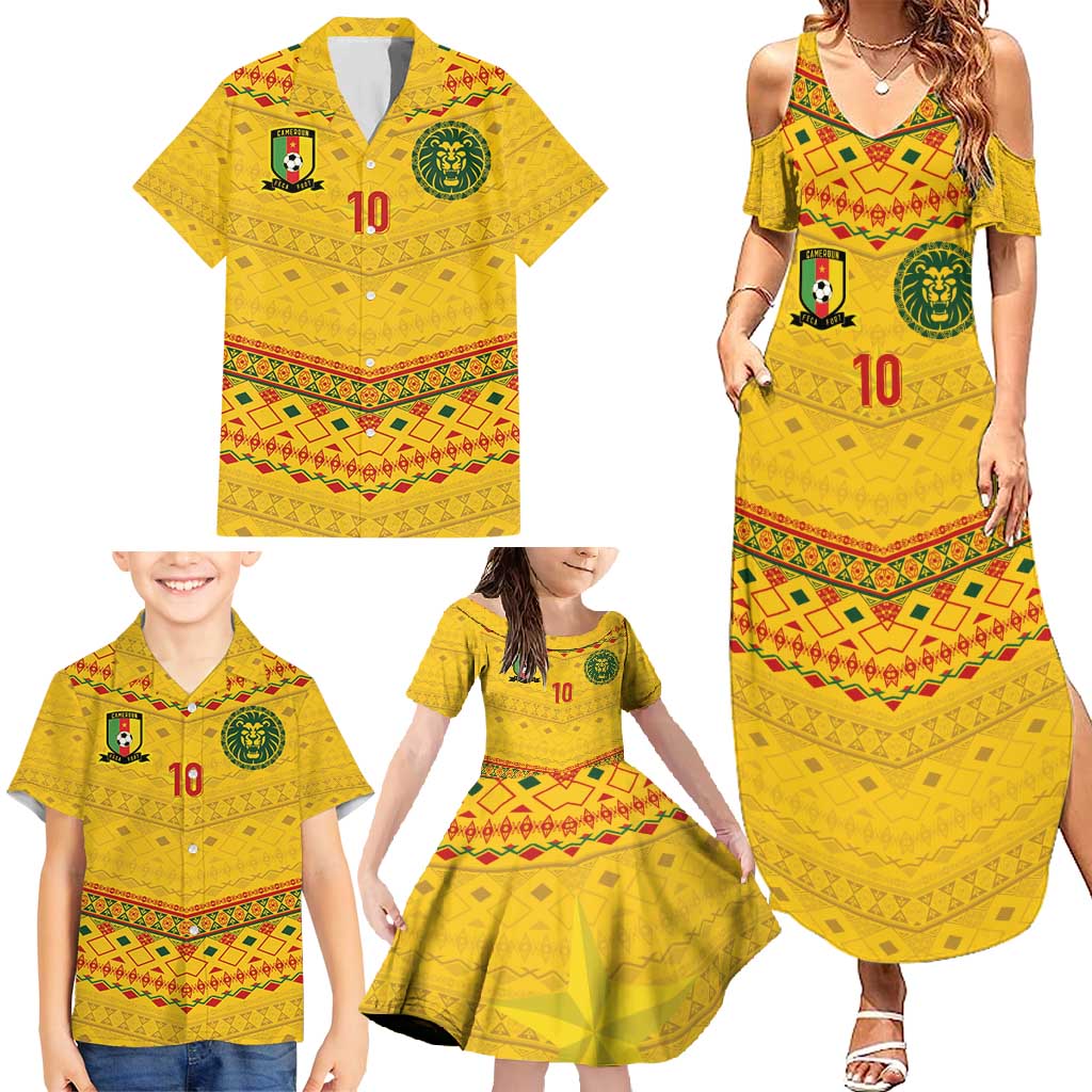 Custom Cameroon Football Family Matching Summer Maxi Dress and Hawaiian Shirt Tribal Motifs Yellow Color - Wonder Print Shop