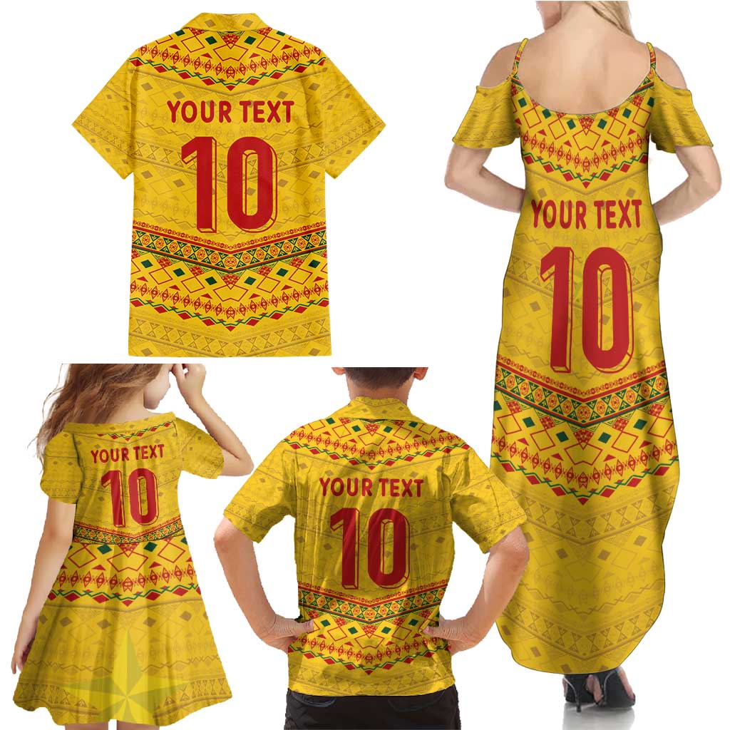 Custom Cameroon Football Family Matching Summer Maxi Dress and Hawaiian Shirt Tribal Motifs Yellow Color - Wonder Print Shop