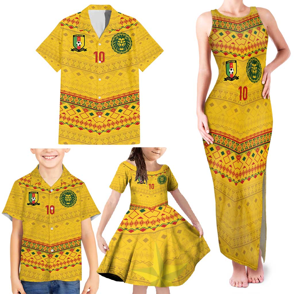 Custom Cameroon Football Family Matching Tank Maxi Dress and Hawaiian Shirt Tribal Motifs Yellow Color - Wonder Print Shop
