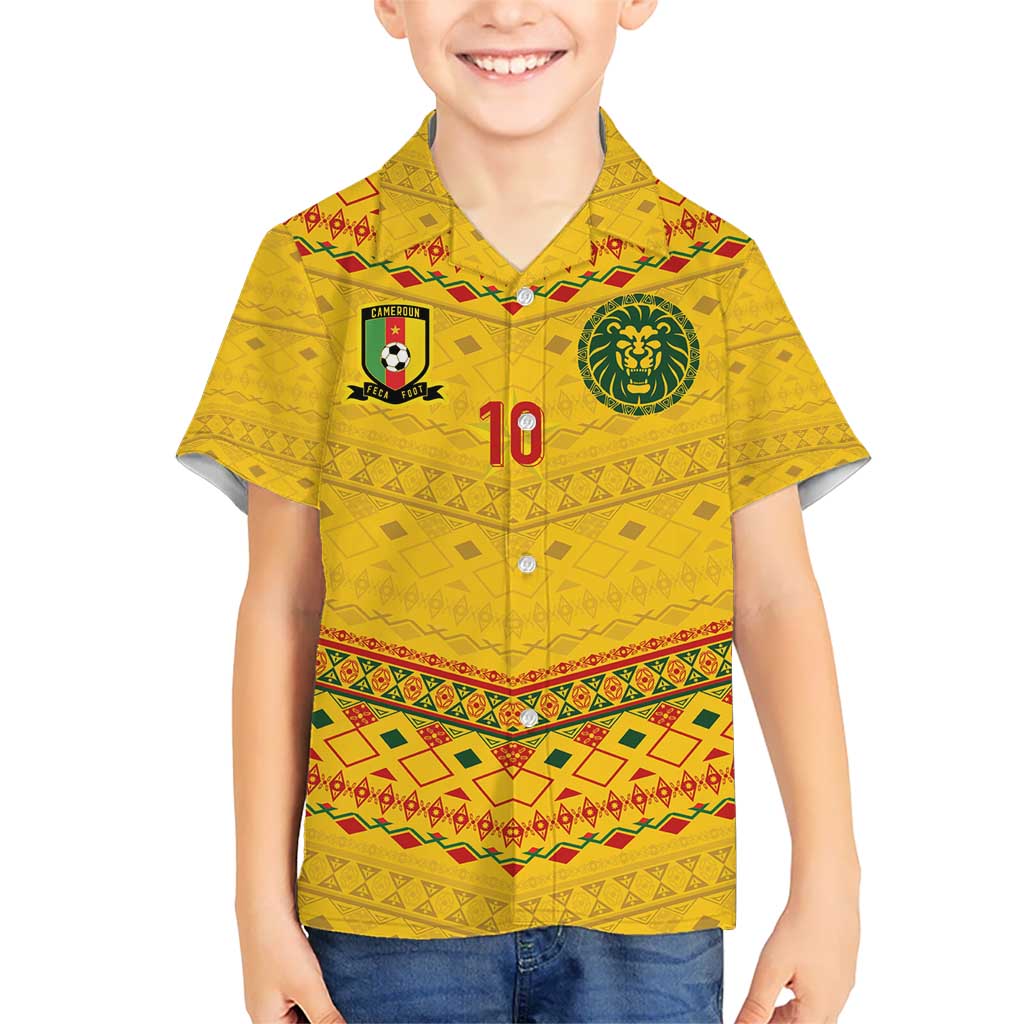 Custom Cameroon Football Kid Hawaiian Shirt Tribal Motifs Yellow Color - Wonder Print Shop