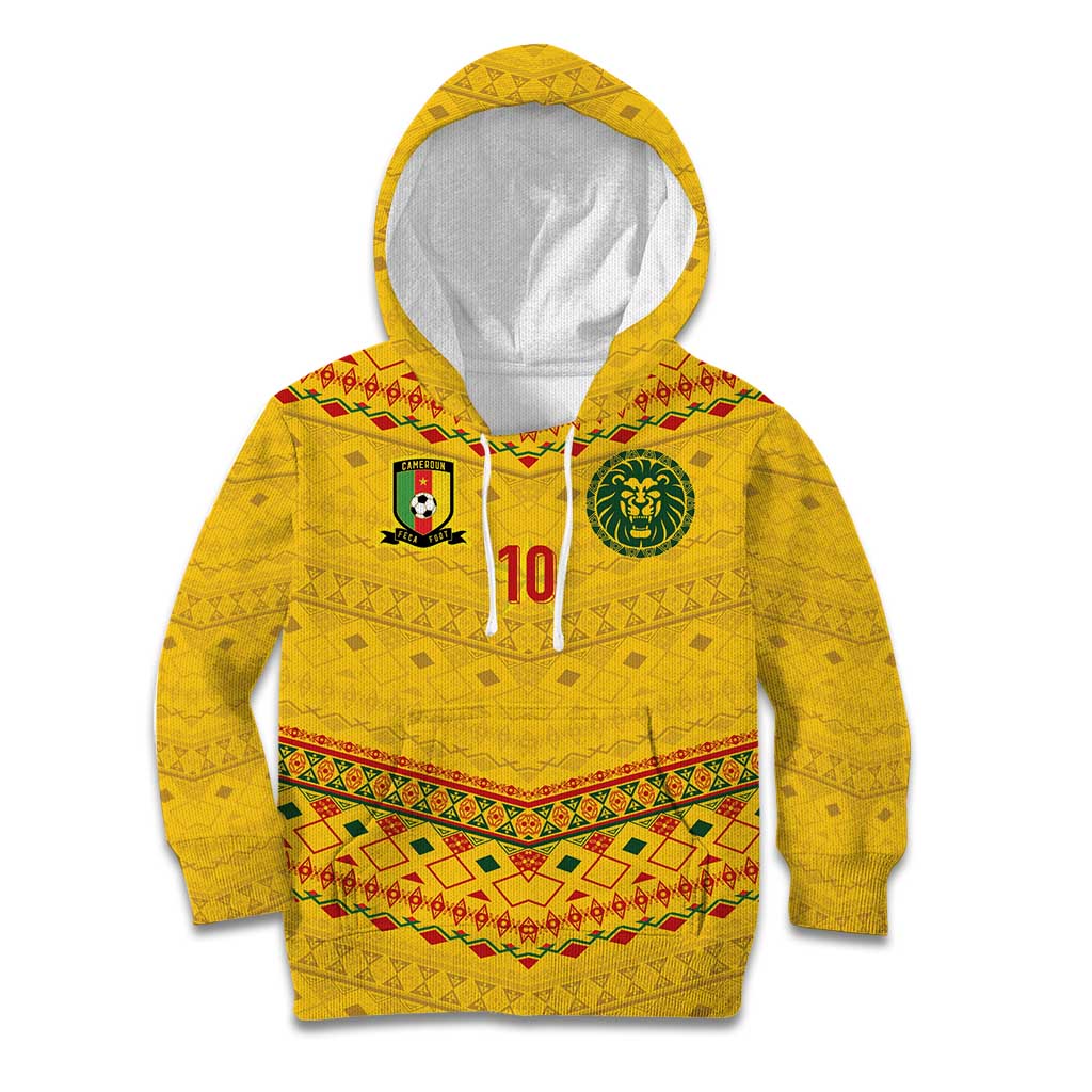 Custom Cameroon Football Kid Hoodie Tribal Motifs Yellow Color - Wonder Print Shop