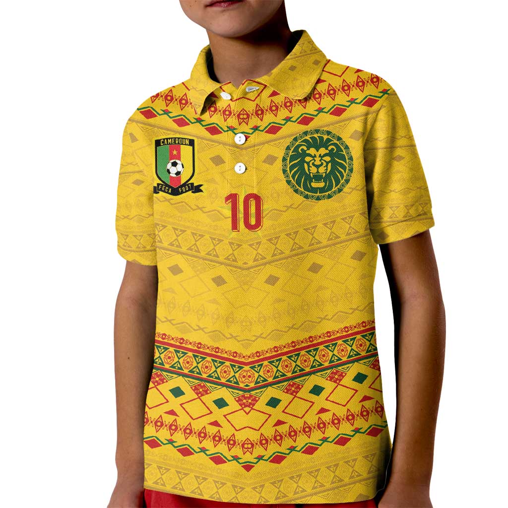 Custom Cameroon Football Kid Polo Shirt Tribal Motifs Yellow Color - Wonder Print Shop