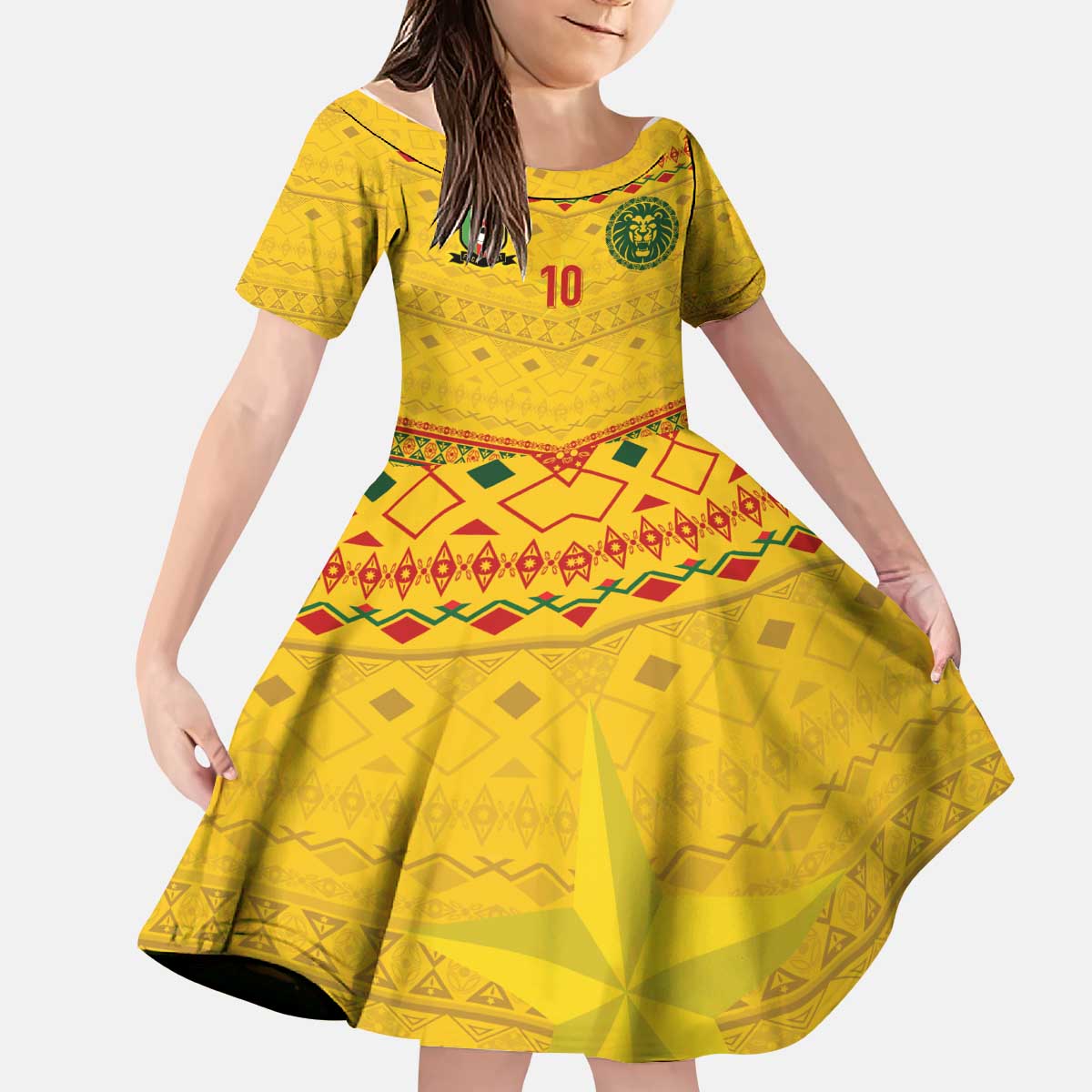 Custom Cameroon Football Kid Short Sleeve Dress Tribal Motifs Yellow Color - Wonder Print Shop
