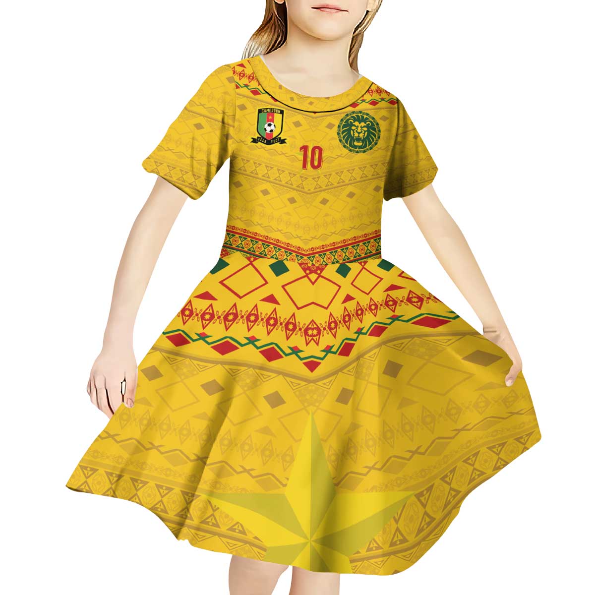 Custom Cameroon Football Kid Short Sleeve Dress Tribal Motifs Yellow Color - Wonder Print Shop