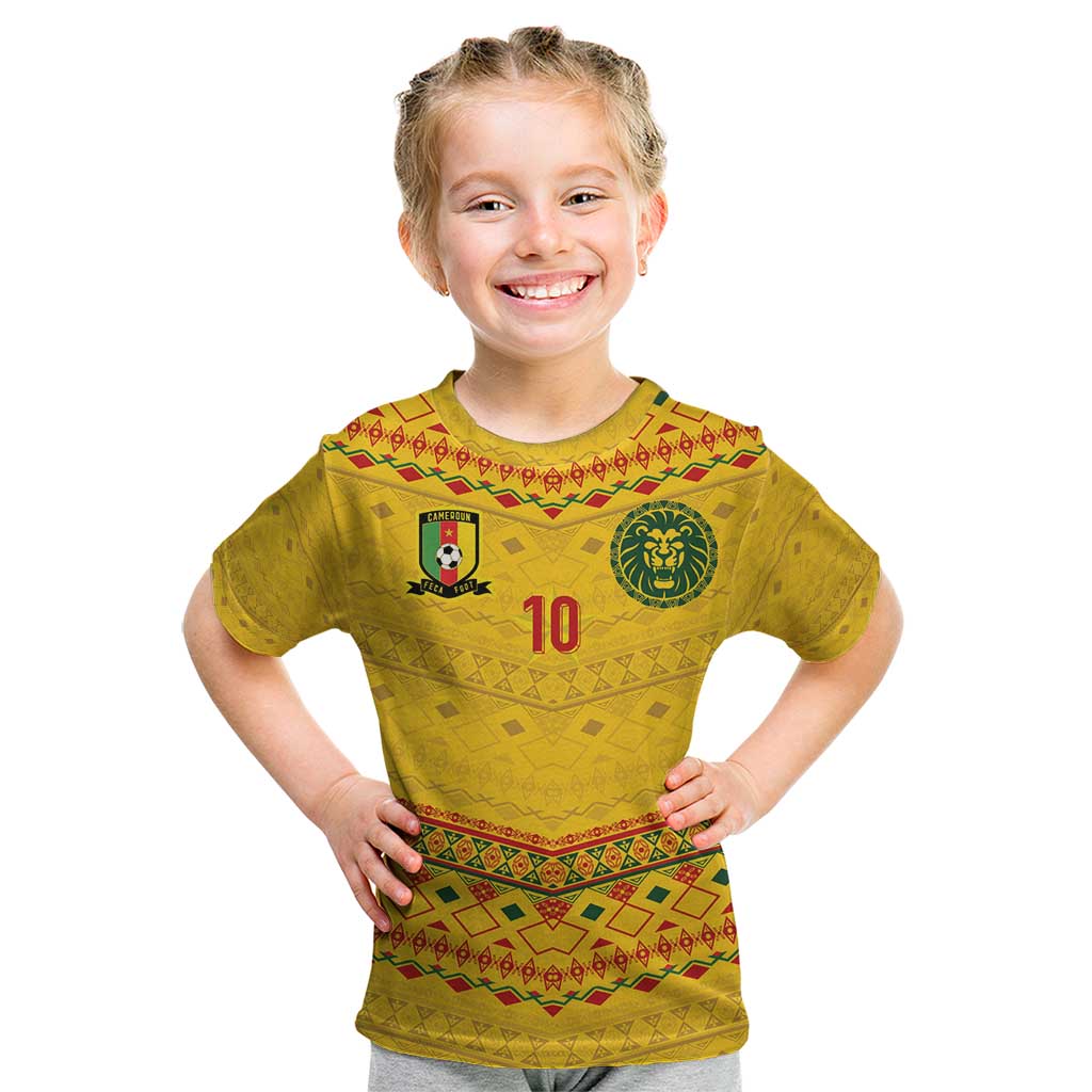 Custom Cameroon Football Kid T Shirt Tribal Motifs Yellow Color - Wonder Print Shop