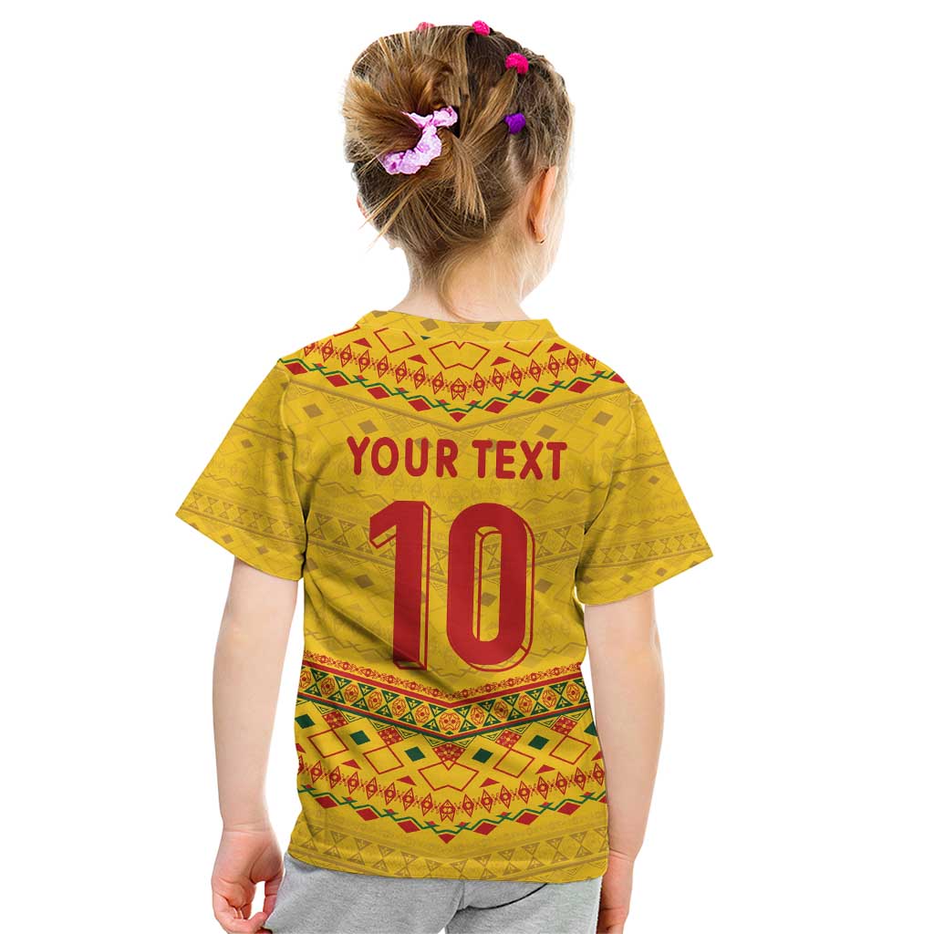Custom Cameroon Football Kid T Shirt Tribal Motifs Yellow Color - Wonder Print Shop