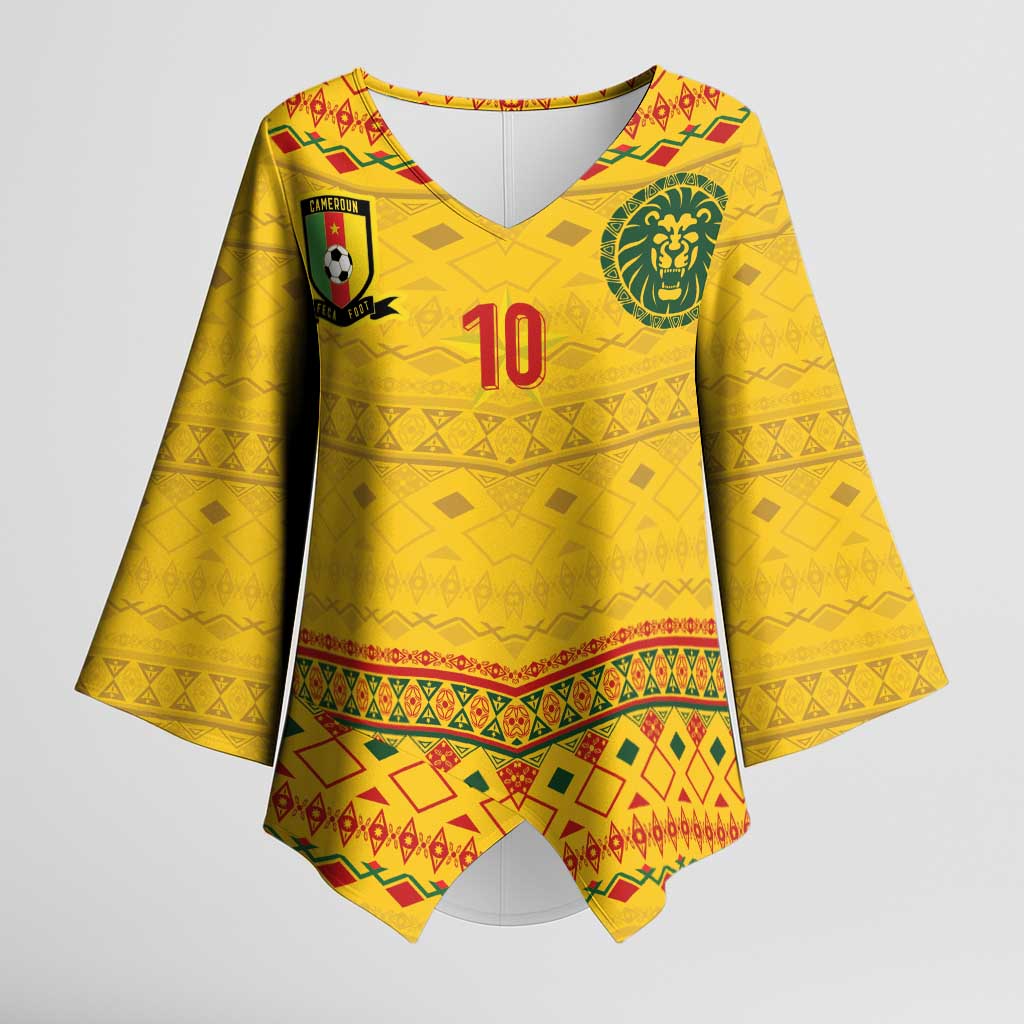 Custom Cameroon Football Kimono Sleeve Blouse Tribal Motifs Yellow Color - Wonder Print Shop
