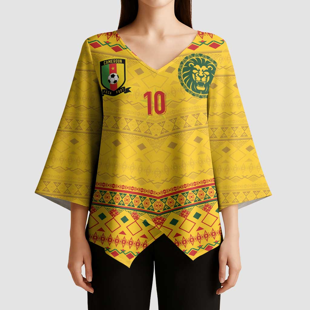 Custom Cameroon Football Kimono Sleeve Blouse Tribal Motifs Yellow Color - Wonder Print Shop