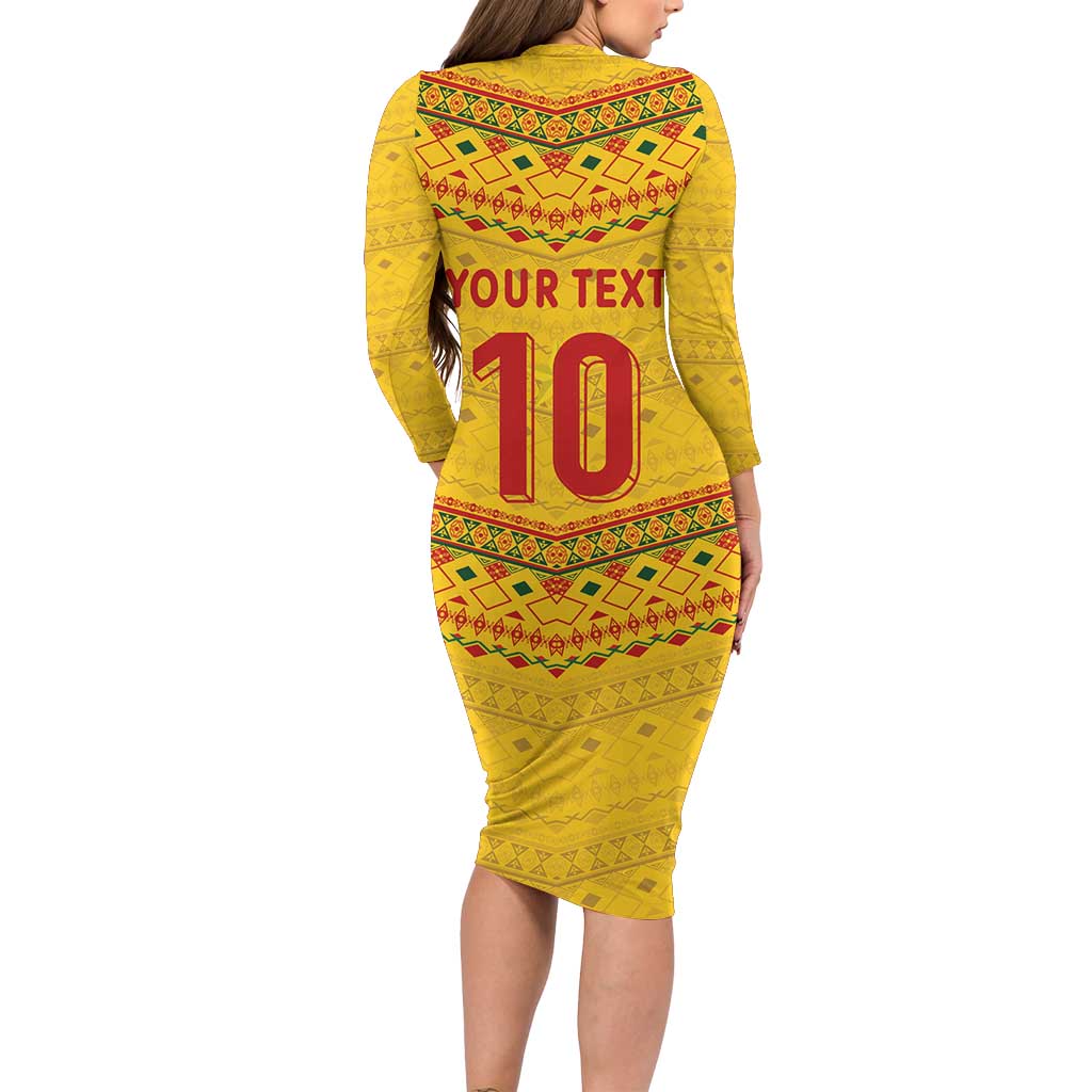 Custom Cameroon Football Long Sleeve Bodycon Dress Tribal Motifs Yellow Color - Wonder Print Shop
