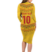 Custom Cameroon Football Long Sleeve Bodycon Dress Tribal Motifs Yellow Color - Wonder Print Shop
