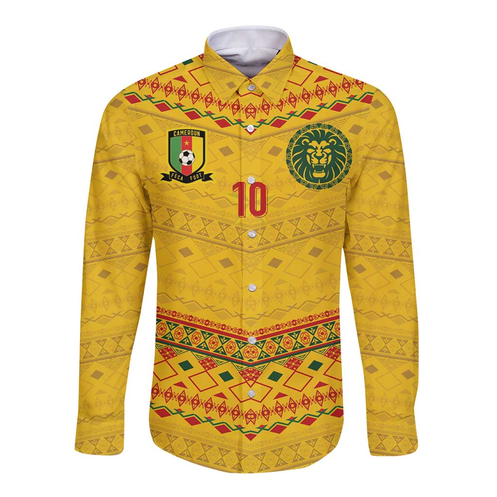 Custom Cameroon Football Long Sleeve Button Shirt Tribal Motifs Yellow Color - Wonder Print Shop