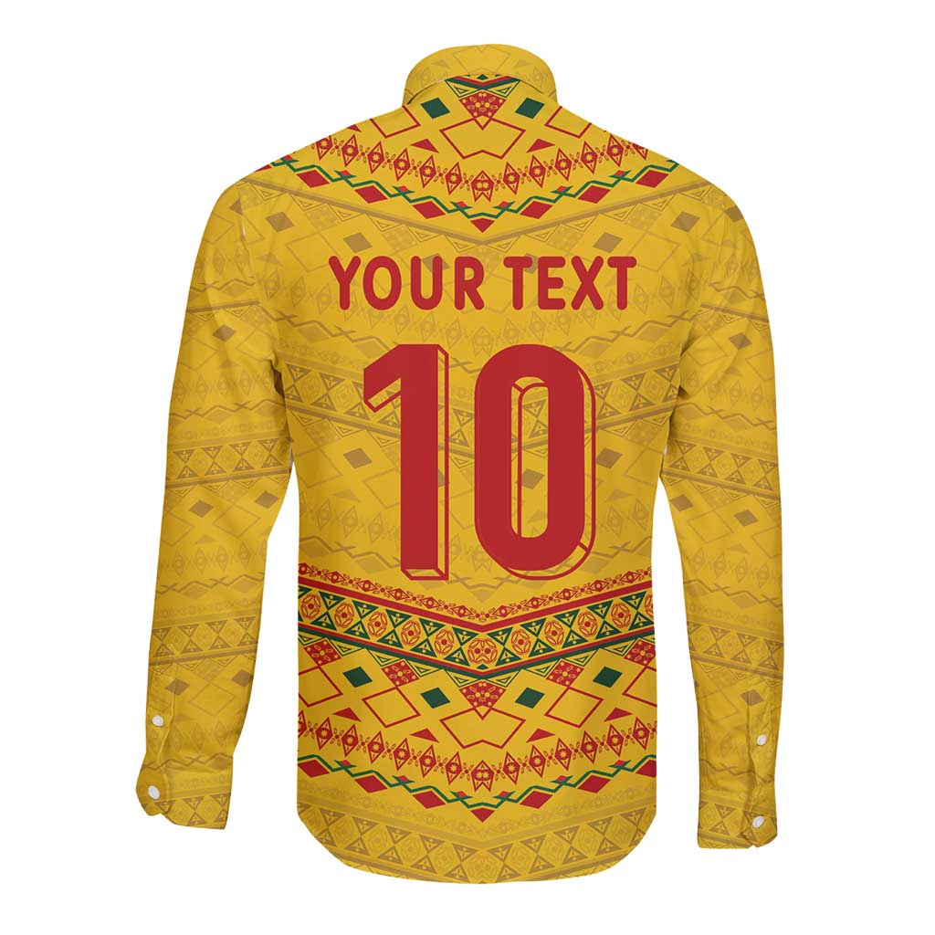 Custom Cameroon Football Long Sleeve Button Shirt Tribal Motifs Yellow Color - Wonder Print Shop