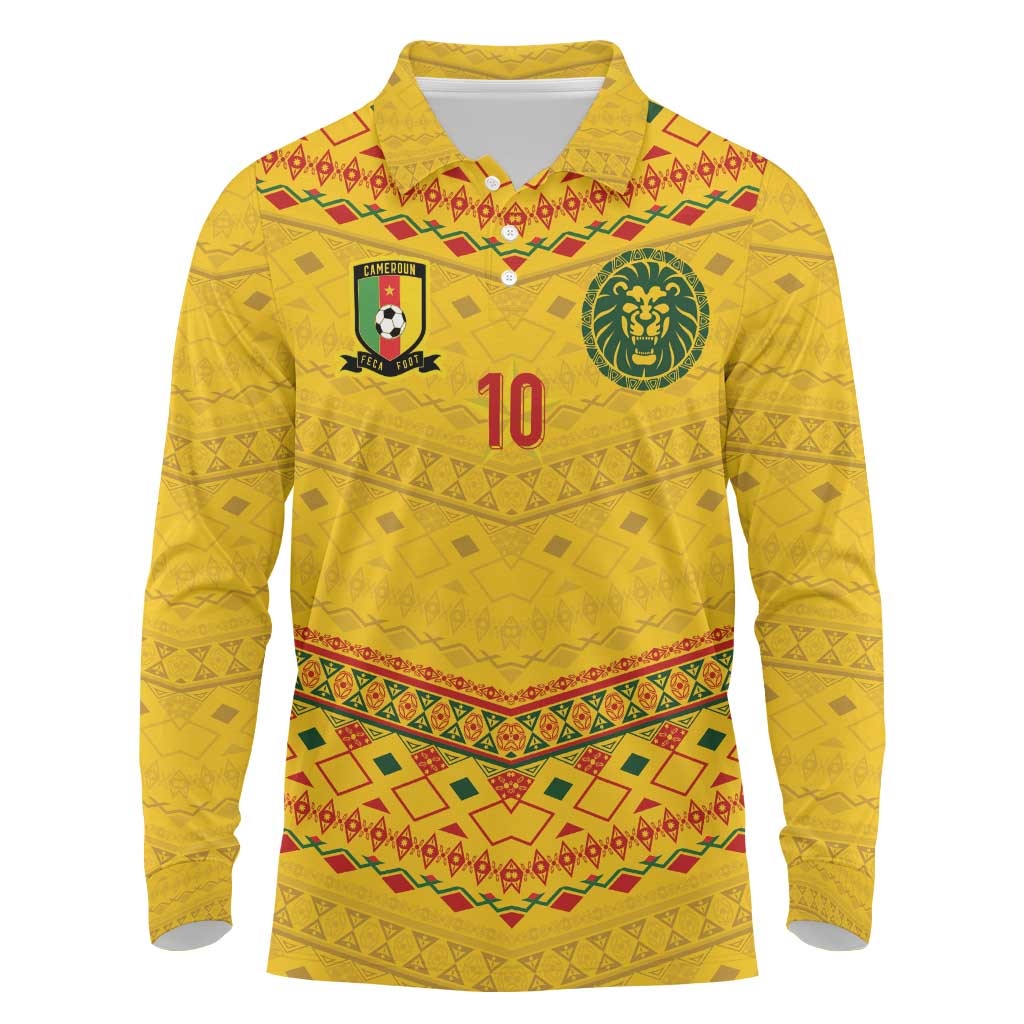 Custom Cameroon Football Long Sleeve Polo Shirt Tribal Motifs Yellow Color - Wonder Print Shop