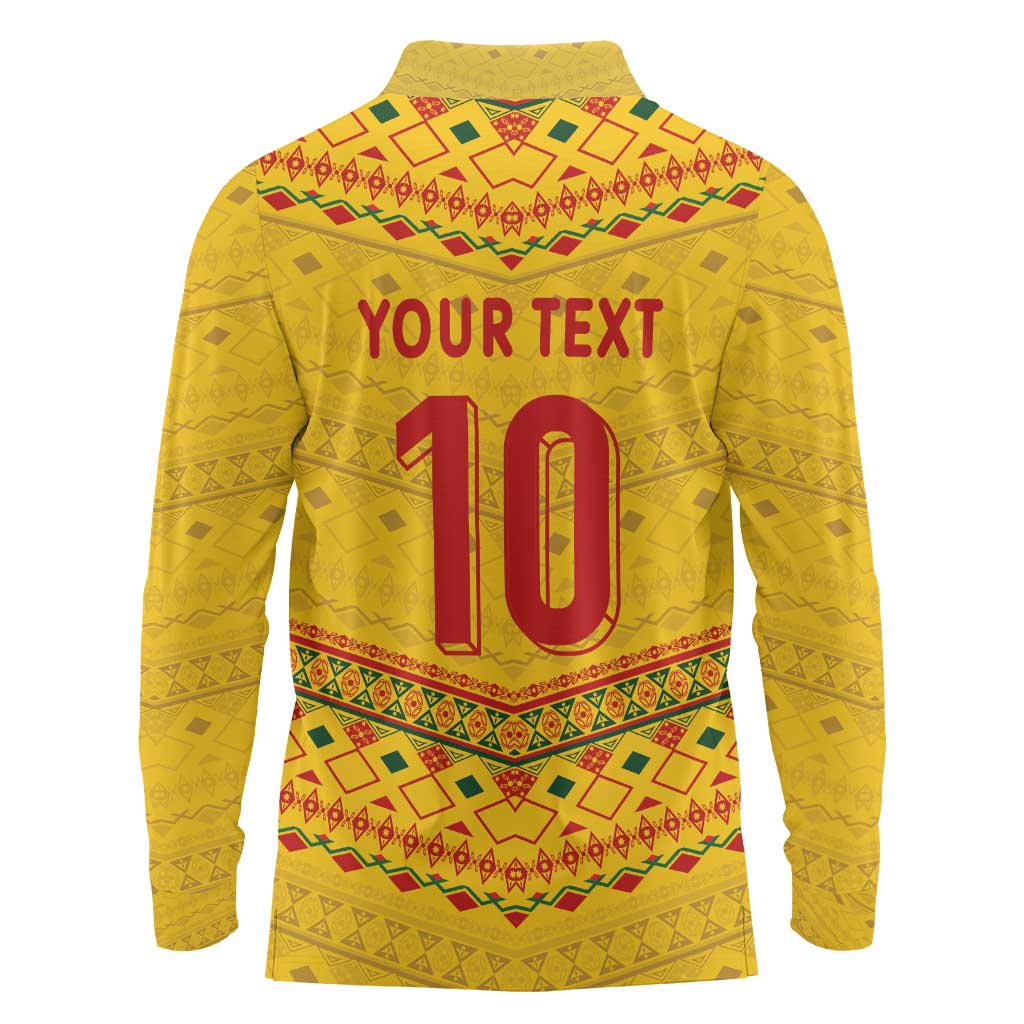 Custom Cameroon Football Long Sleeve Polo Shirt Tribal Motifs Yellow Color - Wonder Print Shop