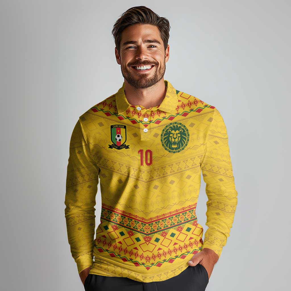 Custom Cameroon Football Long Sleeve Polo Shirt Tribal Motifs Yellow Color - Wonder Print Shop