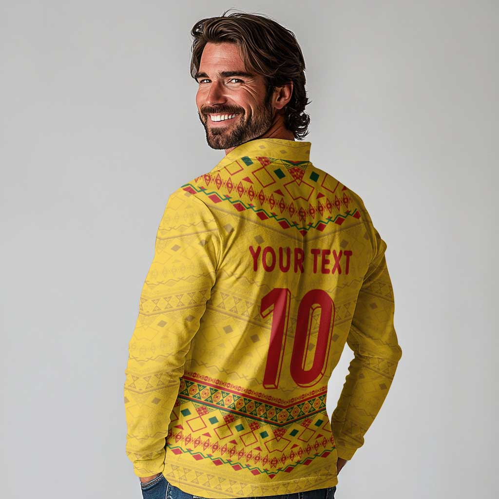 Custom Cameroon Football Long Sleeve Polo Shirt Tribal Motifs Yellow Color - Wonder Print Shop