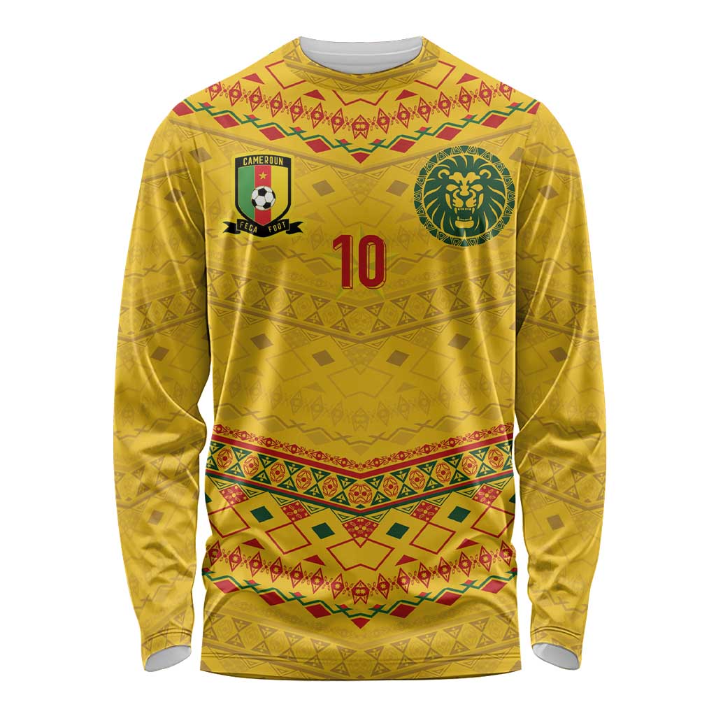 Custom Cameroon Football Long Sleeve Shirt Tribal Motifs Yellow Color - Wonder Print Shop