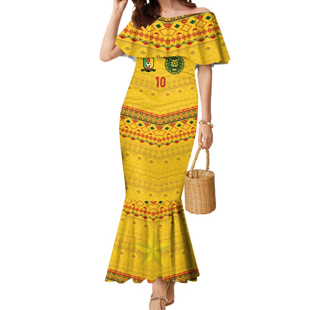 Custom Cameroon Football Mermaid Dress Tribal Motifs Yellow Color - Wonder Print Shop